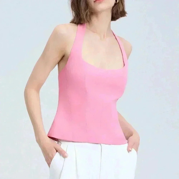Pink Casual Women's Solid Color Summer Halter Neck Backless Tank Top - Picture 1 of 6